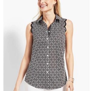 Talbots Sleeveless Scallop Women’s Top With Geo Diamond Print Size 10.